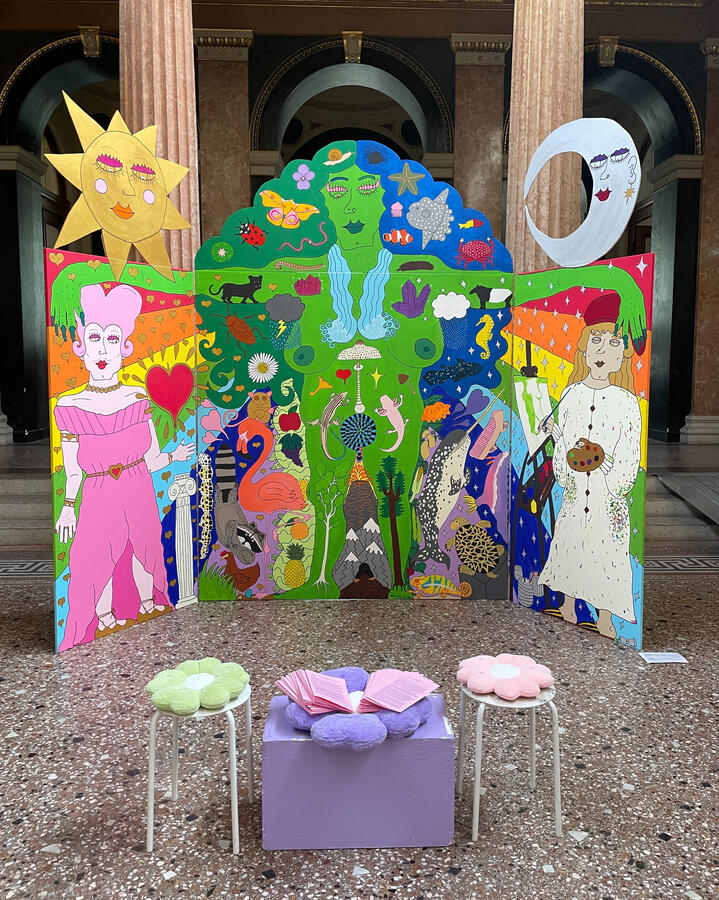Triptych: Mother Nature is Queer, or: Shrine of Inspiration. my diploma work, made march-april 2026, acrylic in canvas and wood panels; 400cm x 290cm.