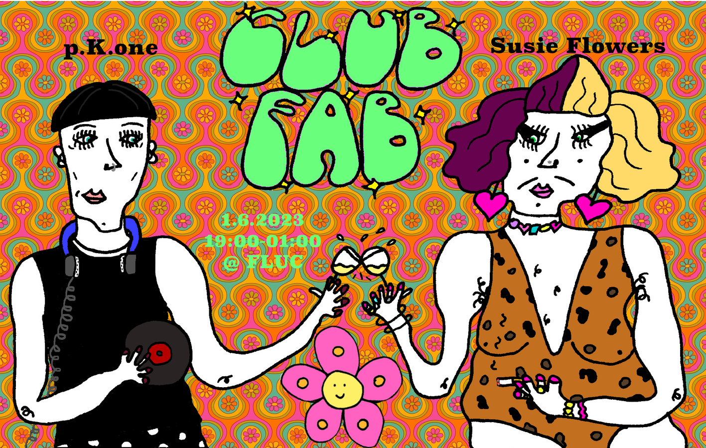 flyer für eventreihe &quot;Club Fab&quot; mit DJ p.K.one, 2021-2024