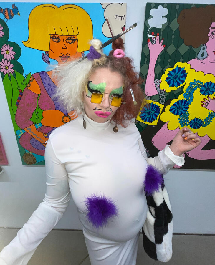 me in front of my paintings, at the exhibition &quot;Kracherl und Krawall&quot;, May 2025. photo by Sarah Hauber