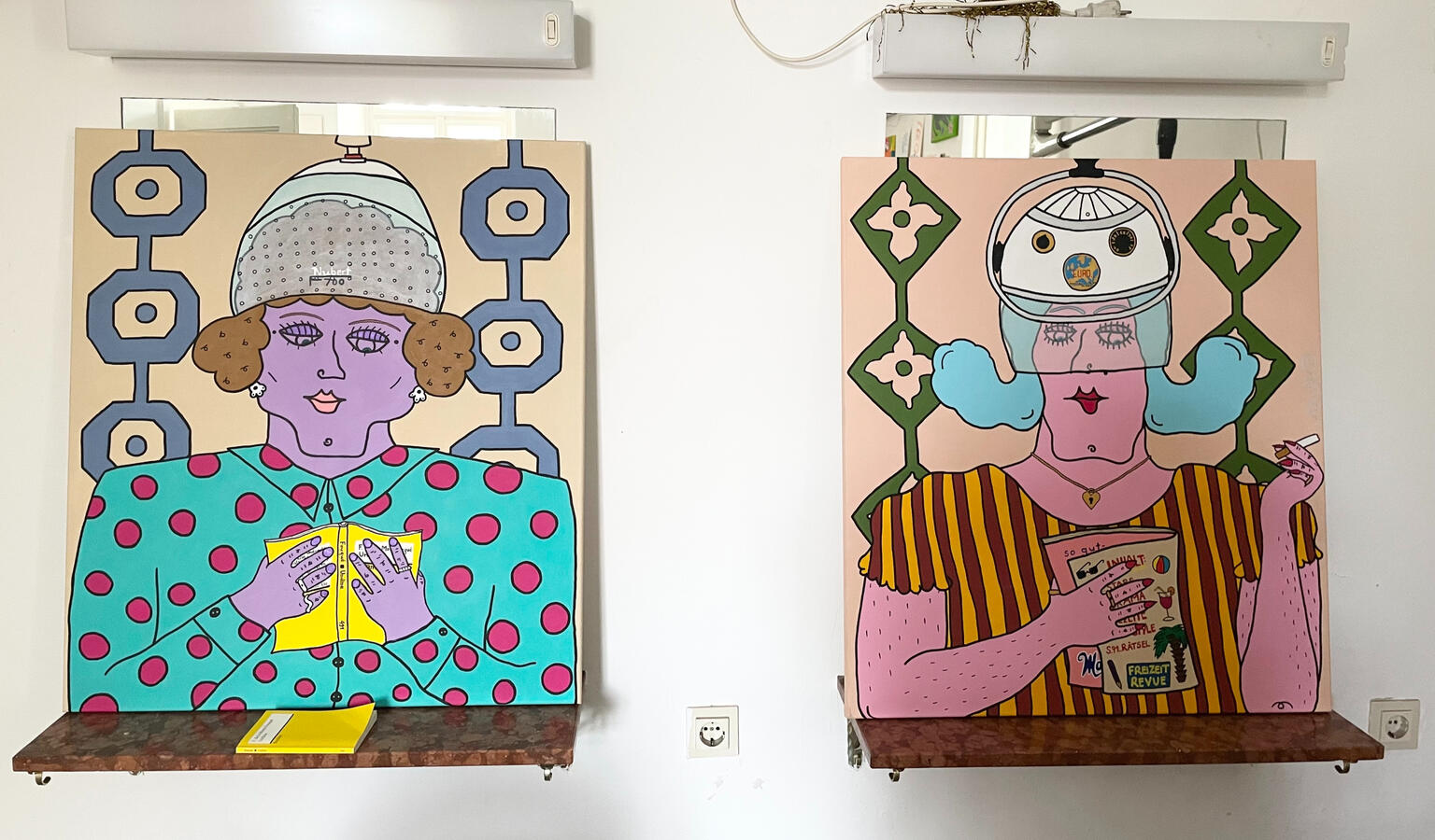 Unter der Haube I + II: Georgette und Belinda. Made in my residency at Friseursalon OWA, 2026. Acryl ic on canvas, 70x80cm.
