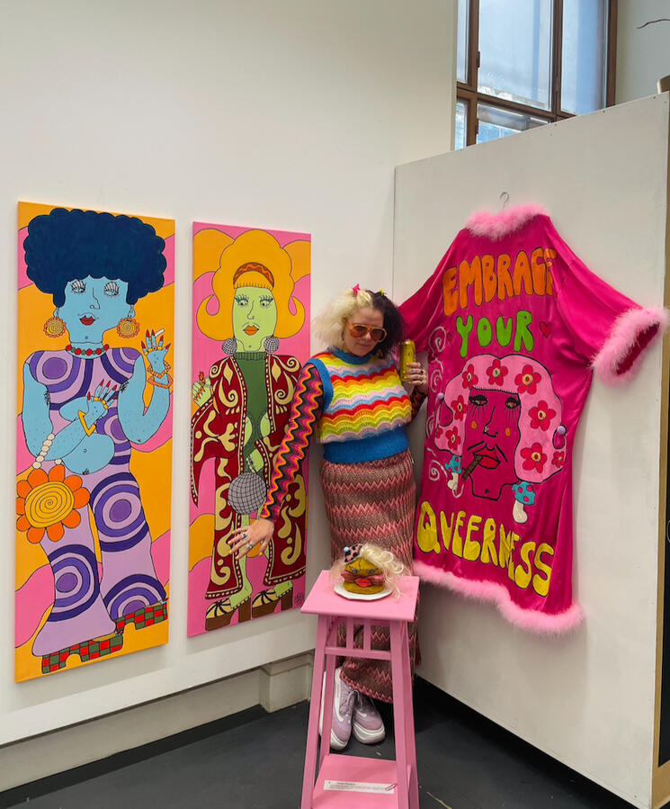 me with &quot;discotheque queens&quot;, painted garment and sculpture &quot;leberkas jenny&quot;, 2024