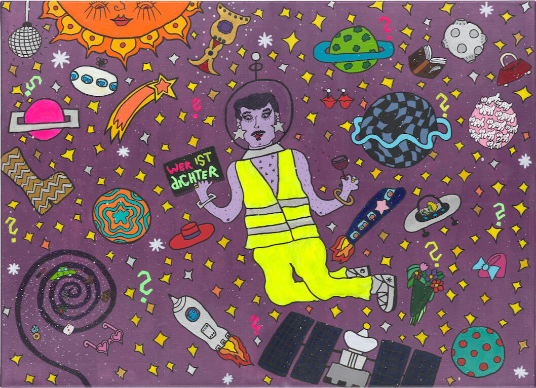 astro alex/atomic kitten/wer ist kosmos? Sujet für die Veranstaltungsreihe Wer ist dichter?, 2024, Acryl auf Leinwand; 90x65cm